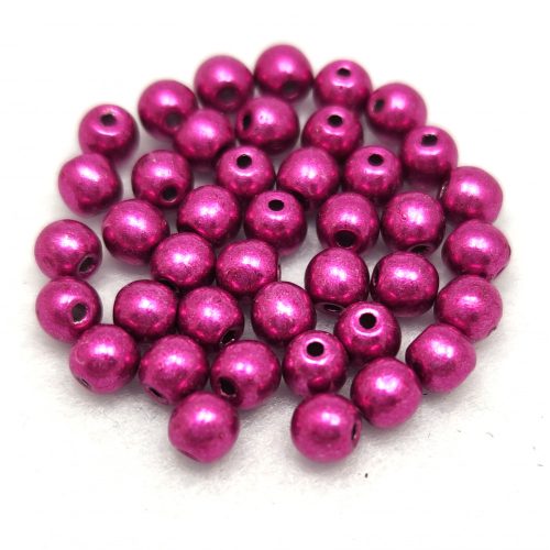Czech Pressed Round Glass Bead - Sueded Gold Fuchsia Red - 4mm