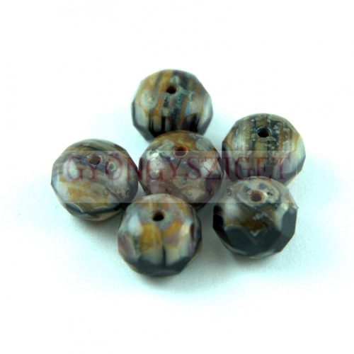 Donut - Czech Firepolished Faceted Bead - 6x9mm - Brown Grey Picasso