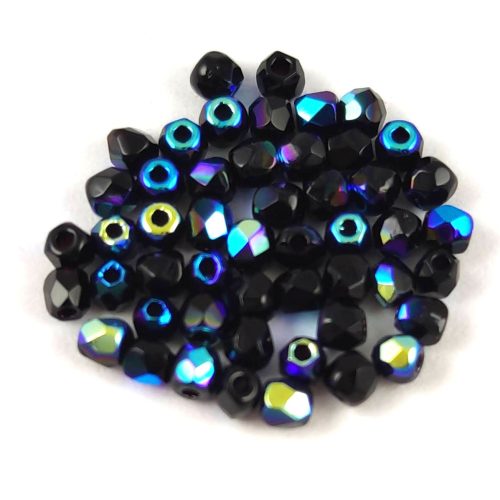 Czech Firepolished Round Glass Bead - Jet AB - 2mm