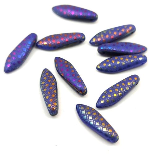 Dagger - Czech Glass Bead - Opaque Sapphire Metallic Iris Laser Cut - 5x16mm