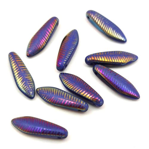 Dagger - Czech Glass Bead - Opaque Sapphire Metallic Iris Laser Cut - 5x16mm