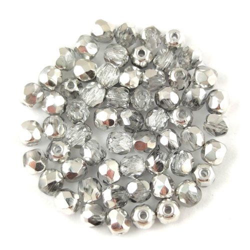 Czech Firepolished Round Glass Bead - Crystal Silver - 3mm