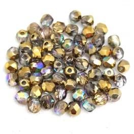   Czech Firepolished Round Glass Bead - Crystal Golden Rainbow - 3mm