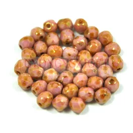   Czech Firepolished Round Glass Bead - White Rose Bronze Luster - 3mm