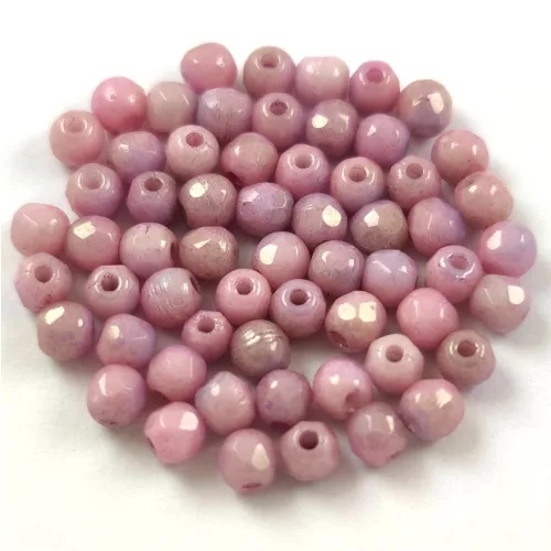 Czech Firepolished Round Glass Bead - lustered white-pink-3mm