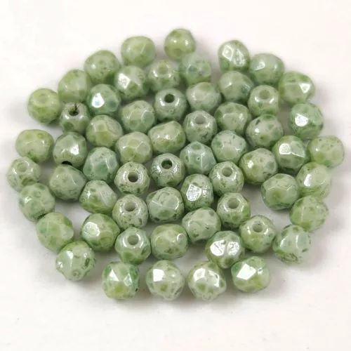 Czech Firepolished Round Glass Bead - Chalk White Green Marble - 3mm