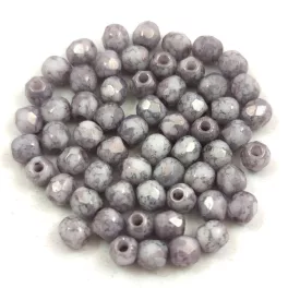   Czech Firepolished Round Glass Bead - Grey Lustered White Marble -3mm
