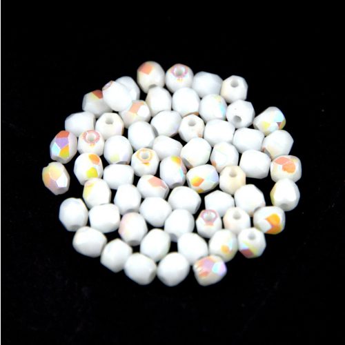 Czech Firepolished Round Glass Bead - opaque white ab - 4mm
