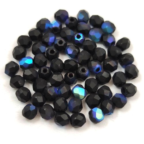 Czech Firepolished Round Glass Bead - Jet Matte AB - 3mm