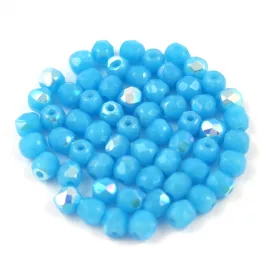   Czech Firepolished Round Glass Bead - Turquoise Blue AB - 3mm