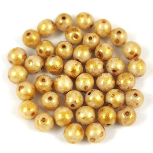 Czech Pressed Round Glass Bead - Alabaster Gold Luster - 3mm