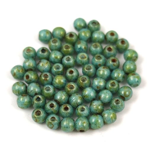 Czech Pressed Round Glass Bead - Chalk Spotted Green - 3mm