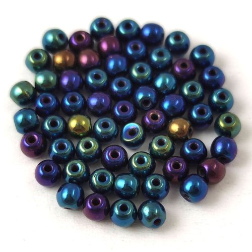Czech Pressed Round Glass Bead - Metallic Blue Iris - 3mm