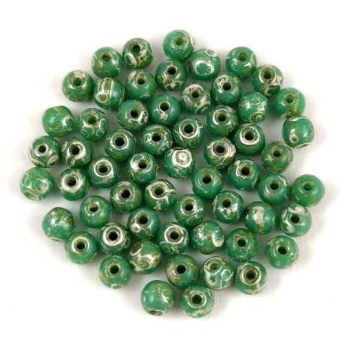 Czech Pressed Round Glass Bead - Turquoise Green Picasso - 3mm