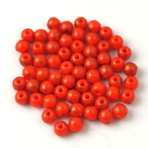 Czech Pressed Round Glass Bead - Coral Red Copper Patina - 3mm
