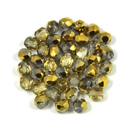 Czech Firepolished Round Glass Bead - crystal half amber-4mm