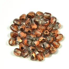   Czech Firepolished Round Glass Bead - crystal-copper metal-4mm