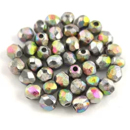   Czech Firepolished Round Glass Bead - Crystal Full Vitral Etched - 4mm