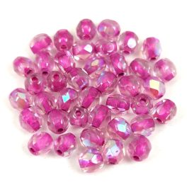   Czech Firepolished Round Glass Bead - Fuchsia Lined Crystal AB - 4mm