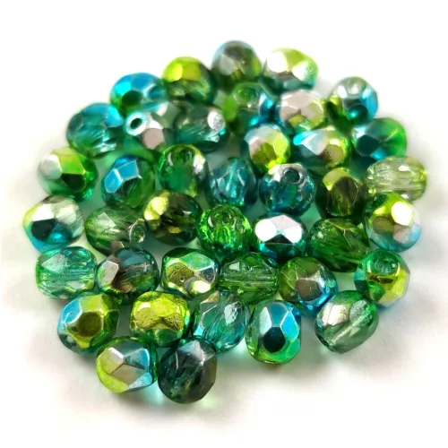 Czech Firepolished Round Glass Bead - Crystal Metallic Peridot Aqua - 4mm