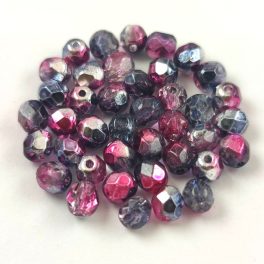   Czech Firepolished Round Glass Bead - Crystal Metallic Black Diamond Fuchsia - 4mm