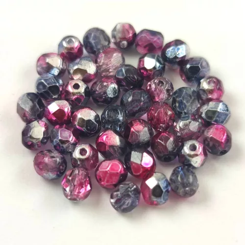 Czech Firepolished Round Glass Bead - Crystal Metallic Black Diamond Fuchsia - 4mm
