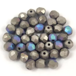   Czech Firepolished Round Glass Bead - Crystal Matt Graphite AB - 4mm