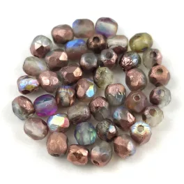   Czech Firepolished Round Glass Bead - Crystal Matt Copper Rainbow Etched - 4mm