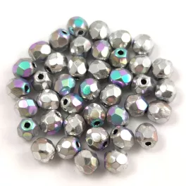   Czech Firepolished Round Glass Bead - Crystal Glittery Silver - 4mm