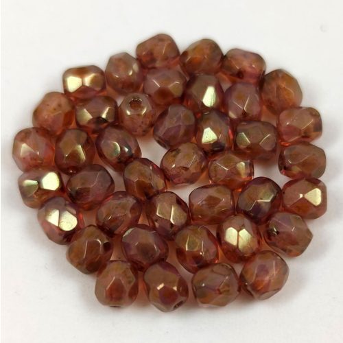 Czech Firepolished Round Glass Bead - Opal White Rose Bronze Luster - 4mm