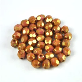   Czech Firepolished Round Glass Bead - Opaque White Pink Bronze Luster - 4mm