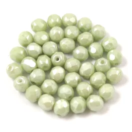   Czech Firepolished Round Glass Bead - Chalk White Light Green Luster - 4mm