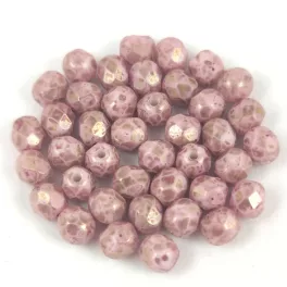   Czech Firepolished Round Glass Bead - Chalk White Pink Marble - 4mm