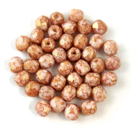   Czech Firepolished Round Glass Bead - Chalk White Rose Marble - 4mm