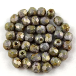   Czech Firepolished Round Glass Bead - Grey Green Lustered White Marble - 4mm