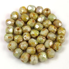   Czech Firepolished Round Glass Bead - Grey Green Lustered White Marble - 4mm