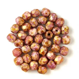   Czech Firepolished Round Glass Bead - Chalk White Purple Bronze - 4mm