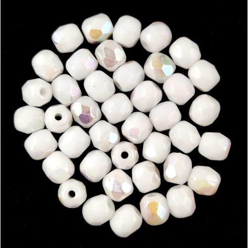 Czech Firepolished Round Glass Bead - opaque white-ab-4mm