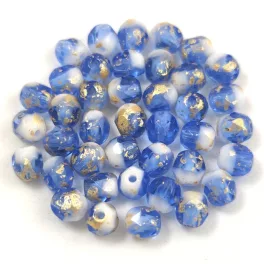   Czech Firepolished Round Glass Bead - Chalk White Aqua Gold - 4mm