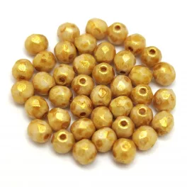   Czech Firepolished Round Glass Bead - Chalk Gold Terracotta - 4mm