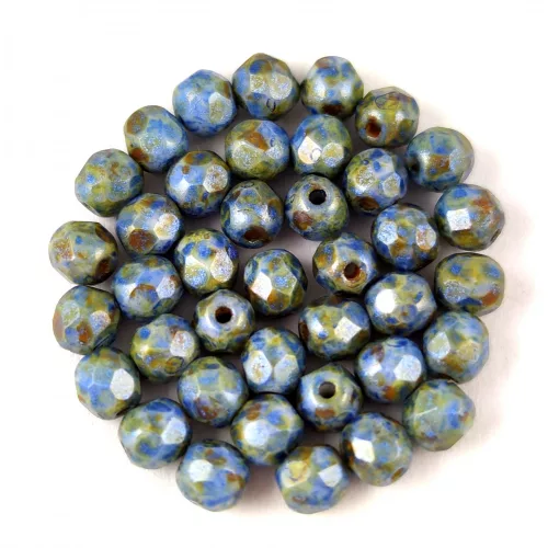 Czech Firepolished Round Glass Bead - Chalk Sapphire Terracotta - 4mm