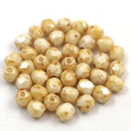   Czech Firepolished Round Glass Bead - Opaque White Picasso Luster - 4mm