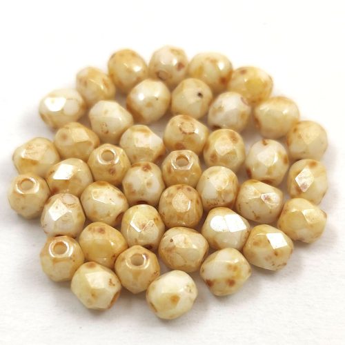 Czech Firepolished Round Glass Bead - Opaque White Picasso Luster - 4mm
