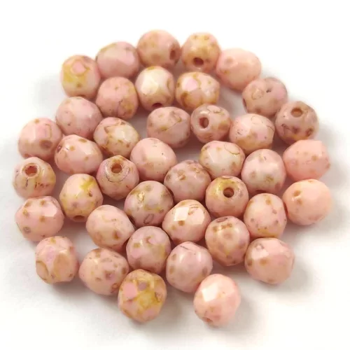 Czech Firepolished Round Glass Bead - Chalk White Travertine Light Pink Spotted - 4mm
