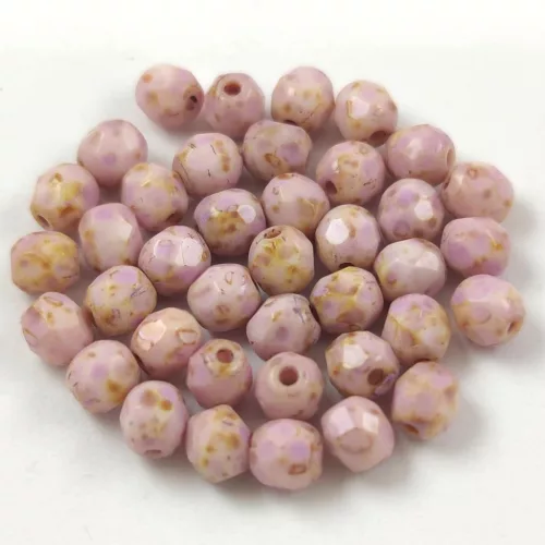 Czech Firepolished Round Glass Bead - Chalk White Travertine Light Purple Spotted - 4mm