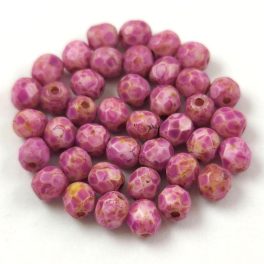   Czech Firepolished Round Glass Bead - Chalk White Travertine Pink Spotted - 4mm