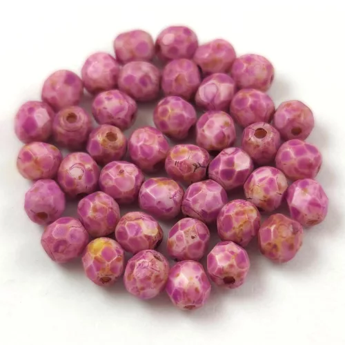 Czech Firepolished Round Glass Bead - Chalk White Travertine Pink Spotted - 4mm