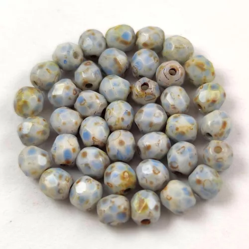 Czech Firepolished Round Glass Bead - Chalk White Travertine Light Sapphire Spotted - 4mm