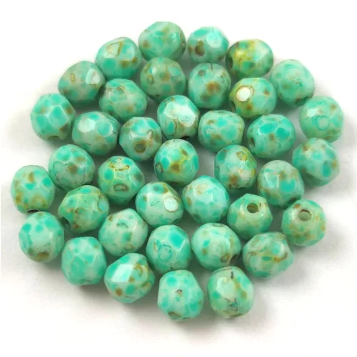 Czech Firepolished Round Glass Bead - Chalk White Travertine Turquoise Spotted - 4mm
