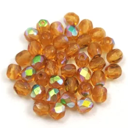 Czech Firepolished Round Glass Bead - dark topaz ab - 4 mm